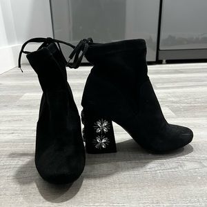 Black Ankle Booties with Flower Embellishment on Heels